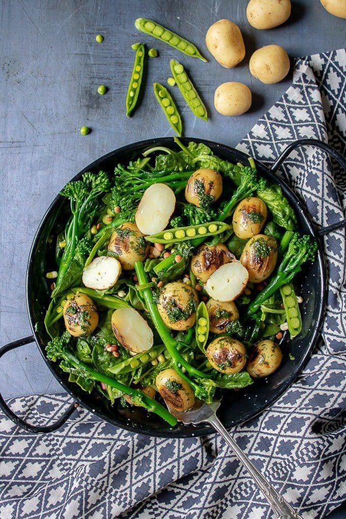 Jersey Royal New Potato Salad with Pesto, Peas and Broccoli