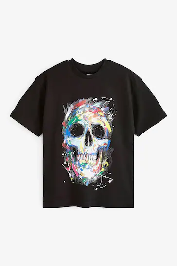 Black Painted Skull Short Sleeve Graphic T-Shirt (3-16yrs)